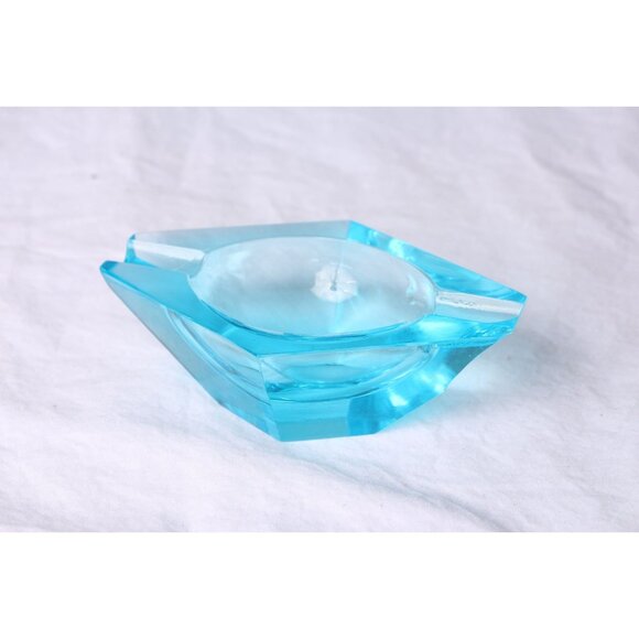 Vintage Trinket Dish Ashtray 1966 Blue Aqua Hexagon Cut Venetian Glass Venezia - Picture 1 of 4